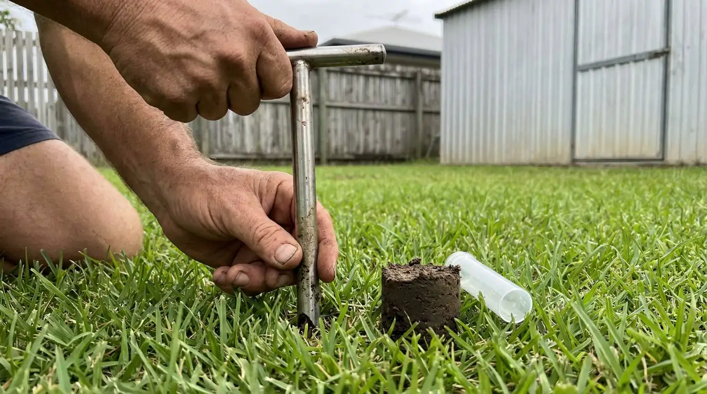 An illustration of a soil sample being taken from a lawn